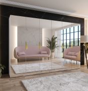 Drehtürenschrank | Farbe: Weiß | 3 Meter breit | Griffe: Gold | Schlafzimmerschrank mit Spiegel | 4 Kleiderstangen | Soft-Close | Maße: 300 x 52 x 202 cm | 4 Fächer