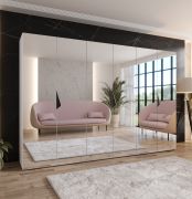 Schlafzimmerschrank mit Spiegel | 3 Fächer | Farbe: Weiß | 3 Kleiderstangen | Kleiderschrank | Griffe: Schwarz | Maße: 300 x 52 x 202 cm | Soft-Close-Funktion