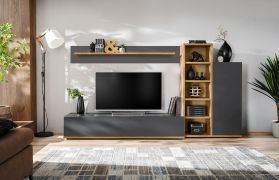 Wohnwand | Farbe: Anthrazit / Eiche Wotan | Push-to-open Funktion | Maße: 240 x 40 x 127 cm | 11 Fächer | 1 Schrank | 1 Regal | 1 TV-Unterschrank | 1 Wandregal