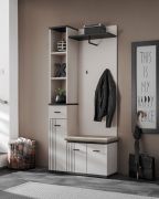 Garderobe mit Sitzgelegenheit | inkl. Sitzkissen | Farbe: Kaschmir / Schwarz | Maße: 90 x 32 x 203 cm | 2 Haken | Modernes Design | 1 Schuhschrank