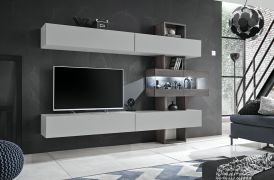 Wohnwand Bjordal 25, Farbe: Eiche Grafit / Grau - Abmessungen: 180 x 250 x 35 cm (H x B x T), mit Push-to-open Funktion