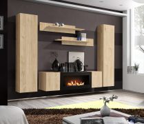 Wohnwand | Farbe: Eiche Hickory Jackson | 2 Hängeschränke | 1 TV-Unterschrank mit Bio-Ethanol Kamin | 2 Wandregale | Push-to-open Funktion