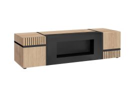 TV-Unterschrank | Push-to-open Funktion | Farbe: Eiche Hickory Jackson / Schwarz | Bio-Ethanol Kamin | Maße: 150 x 50 x 42 cm | 2 Fächer | für Wohnzimmer