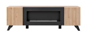 TV-Unterschrank Nordkapp 05, Farbe: Hickory Jackson / Schwarz - Abmessungen: 52 x 160 x 45 cm (H x B x T), mit zwei Fächern und einen Schwarzen Biokamin