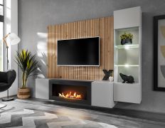 Wohnwand | Bio-Ethanol Kamin | Farbe: Perla Grau / Eiche Artisan | Push-to-open Funktion | Maße: 200 x 35 x 158 cm | inkl. LED-Beleuchtung