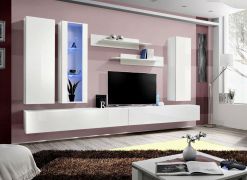 Elegante Wohnwand Hompland 54, Farbe: Weiß - Abmessungen: 170 x 320 x 40 cm (H x B x T), mit einer Hängevitrine