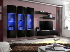 Schlichte Wohnwand Hompland 32, Farbe: Schwarz - Abmessungen: 170 x 260 x 40 cm (H x B x T), mit blauer LED-Beleuchtung