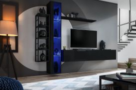 Elegante Wohnwand Valand 26, Farbe: Schwarz - Abmessungen: 180 x 240 x 40 cm (H x B x T), mit Push-to-open Funktion