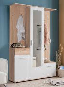 Garderobe | Farbe: Eiche Sonoma / Opak Weiß | fünf Haken | eine Schublade | 1 Spiegeltür | 134 x 33 x 198 cm | 10 Fächer | für den Vorraum