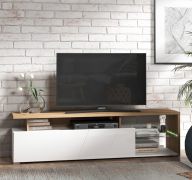 TV-Unterschrank / TV-Möbel | Farbe: Eiche Artisan / Opak Weiß | 1 Kipptür | 170 x 42 x 47 cm | 3 Fächer | 1 Glasablagefläche | für Wohnzimmer