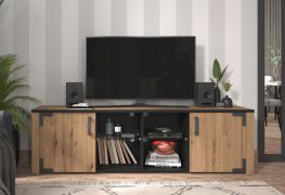 TV-Board / TV-Möbel | Farbe: Eiche Artisan / Schwarze Eiche | 2 Drehtüren | 4 Kabeldurchführungen | 2 Glasablageflächen | 197 x 40 x 58 cm | 6 Fächer