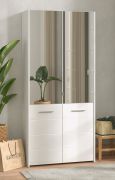 Schuhschrank | Farbe: Weiß Hochglanz | 2 Spiegeltüren | 90 x 38 x 199 cm | 9 Fächer | hoher Schrank | breit | schlichtes Design | für den Vorraum