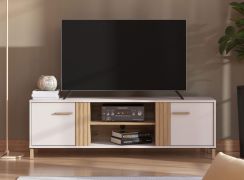 TV-Unterschank / TV-Möbel | Farbe: Kaschmir / Eiche Artisan | zwei Drehtüren | zwei Kabeldurchführungen | 164 x 40 x 52 cm | vier Fächer | ABS-Kanten | für Wohnzimmer