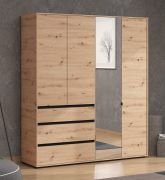 Kleiderschrank / Drehtürenschrank | Farbe: Eiche Artisan / Schwarz Matt | 1 Spiegeltür | 183 x 55 x 211 cm | drei Schubladen | eine Kleiderstange | vier Fächer