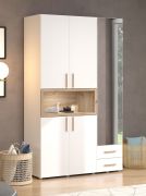 Drehtürenschrank / Kleiderschrank | Farbe: Opak Weiß / Eiche Artisan | 1 Spiegeltür | 135 x 56 x 227 cm | zwei Schubladen | zwei Kleiderstangen | fünf Fächer