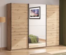 Kleiderschrank | 3-türig | 1 Spiegeltür | Farbe: Eiche Artisan | 3 Kleiderstangen | Maße: 167 x 61 x 217 cm | Schiebetürenschrank | sehr breit | 3 Fächer