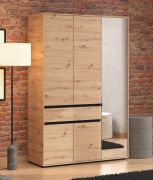 Kleiderschrank / Drehtürenschrank | Farbe: Eiche Artisan / Schwarz Matt | 1 Spiegeltür | 138 x 55 x 211 cm | eine Schublade | eine Kleiderstange | sechs Fächer