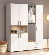 Drehtürenschrank / Kleiderschrank | Farbe: Opak Weiß / Eiche Artisan | 1 Spiegeltür | 179 x 56 x 227 cm | zwei Schubladen | zwei Kleiderstangen | fünf Fächer
