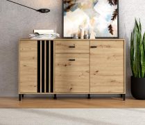Kommode | Farbe: Eiche Artisan | schwarze Griffe | drei Drehtüren | eine Schublade | 157 x 40 x 90 cm | sechs Fächer | Sideboard | für Wohnzimmer