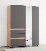Kleiderschrank / Drehtürenschrank | 1 Spiegeltür | Farbe: Eiche Artisan / Graphitgrau | 155 x 52 x 208 cm | vier Fächer | drei Schubladen | eine Kleiderstange