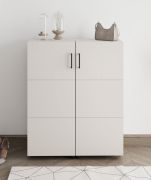 Schuhschrank | Farbe: Kaschmir | zwei Drehtüren | 92 x 33 x 113 cm | breit | 9 Schuhfächer | schwarze Griffe | kleiner Schrank | für den Vorraum