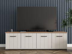 TV-Möbel / TV-Unterschrank | Farbe: Kaschmir / Eiche Artisan | vier Drehtüren | 156 x 41 x 44 cm | zwei Fächer | schwarze Griffe | für Wohnzimmer