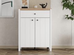 Kommode | Farbe: Opak Weiß / Eiche Artisan | eine Schublade | 86 x 40 x 111 cm | zwei Drehtüren | drei Fächer | Landhaus Stil | für den Vorraum
