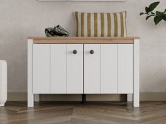 Sitzbank mit Stauraum | Farbe: Opak Weiß / Eiche Artisan | 2 Drehtüren | 2 Fächer | 86 x 40 x 54 cm | ABS-Kanten | für den Vorraum