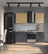 Küchenzeile / Küchenblock | Farbe: Eiche Artisan / Grau | 1,4 Meter breit | 4 Elemente | Soft-Close Funktion | schwarze Griffe | inkl. Sockelblende