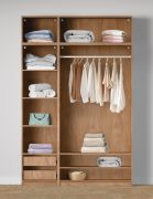 Offener Kleiderschrank | 2 Kleiderstangen | Farbe: Eiche Puccini | 8 Fächer | 2 Innenschubladen | Maße: 154 x 55 x 234 cm | 5 Holzeinlegeboden | für Ankleidezimmer
