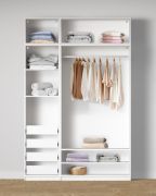 Offener Kleiderschrank | 4 Innenschubladen | Farbe: Weiß | 7 Fächer | 1 Kleiderstange | Maße: 154 x 55 x 234 cm | Universelles Design | 4 Holzeinlegeböden