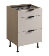 Küchenunterschrank | 3 Schubladen | Farbe: Eiche Baltic Storm / Beige | inkl. Besteckeinsatz | Soft-Close Funktion | 60 x 52 x 87 cm | Metallgriffe | verstellbare Beine