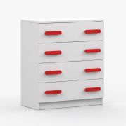 80 cm breite Kommode | Weiß | Smolikas 21 | 4 geräumige Schubladen | rote Holzgriffe | 90 x 80 x 40 cm | Kinder | Jugend