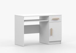1,1 Meter breiter Schreibtisch | braune Holzgriffe | 3 Fächer | 1 Schublade | Weiß | Smolikas 95 | 1 Türe | 75 x 110 x 50 cm