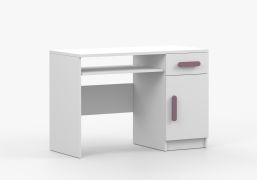 Schreibtisch 1,1 Meter breit | 75 x 110 x 50 cm | Weiß | violette Holzgriffe | Smolikas 94 | 1 Türe | 1 Schublade | 3 Fächer