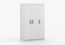Kleiderschrank / Drehtürenschrank 1,2 Meter breit | Smolikas 118 | 192 x 120 x 50 cm | Weiß | Holzgriffe | 3 Türen | Kleiderstange | 9 Fächer