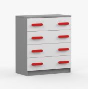 80 cm breite Kommode | Smolikas 13 | Weiß / Grau | 4 geräumige Schubladen | rote Holzgriffe | 90 x 80 x 40 cm | Kinder | Jugend