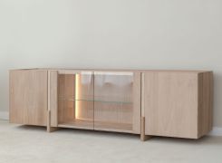 TV-Unterschrank | Farbe: Eiche Natur | 4 Türen | Massivholz | Eichenholz geölt | Travertin Stein | 180 x 46 x 56 cm | 6 Fächer | inkl. LED-Beleuchtung