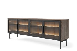 TV-Unterschrank Chaabane 04 | Farbe: Eiche Dunin / Schwarz | vier Glastüren | inkl. LED-Beleuchtung | ABS | Maße: 61,6 x 181 x 39 cm | Griffe & Beine: Metall