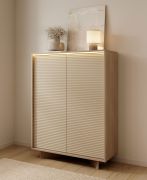 Kommode | Farbe: Bolivar Natur / Cappuccino | 2 Drehtüren | 6 Fächer | Push-to-open Funktion | inkl. LED-Beleuchtung | 104 x 40 x 139 cm | Highboard