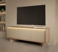 TV-Unterschrank | Farbe: Bolivar Natur / Cappuccino | 3 Drehtüren | 3 Fächer | Push-to-open Funktion | inkl. LED-Beleuchtung | 154 x 40 x 55 cm | TV-Board