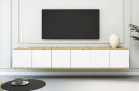 TV-Unterschrank | Farbe: Eiche Artisan / Weiß | Push-to-open Funktion | 6 Türen | 12 Fächer | 210 x 40 x 40 cm | hochwertig Verarbeitet | TV-Board