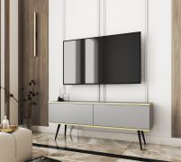 TV-Unterschrank / TV-Schrank mit zwei Kippfächern Horsham 31, Farbe: Grau, hängend montierbar, ABS-Kantenschutz, Push-to-open Funktion, Beine: Schwarz