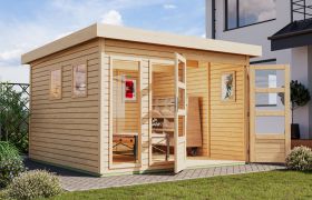 Holz Gartenhaus aus Fichte natur mit 2 Fenster, Dachplatte Flachdach, Doppelflügeltür mit großen Lichtausschnitten, Zylinderschloss, 2,98 × 3,02 m