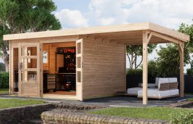 Gartenhaus aus nordischer Fichte natur mit 38 mm Wandstärke, Aluminiumschiebetür, Flachdach aus Massivholz mit Alu-Abschlusswinkeln, 2,98 × 3,02 m