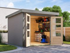 Gartenhaus aus Holz, Fichte wassergrau, Trapezblech graualuminium, stabile metallverstärkte-Ecken, wartungsarm, Zylinderschloss, 2,38×2,42 m