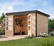 Gartenhaus mit Pultdach, nordische Fichte naturbelassen/anthrazit, stahlverstärkte Ecken, Trapezblechdach, robust, Zylinderschloss, 2,98x2,42 m