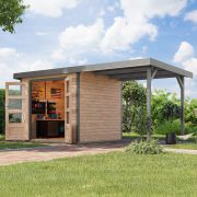 Holz Gartenhaus Anbaudach 2,35 m, nordische Fichte naturbelassen/graualuminium, Trapezblechdach 2,38 × 2,13 m, Zylinderschloss mit Doppelflügeltür