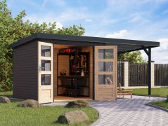 Holz Gartenhaus Anbaudach terragrau/anthrazit, robuste metallverstärkte-Ecken, Trapezblechdach, Doppelflügeltür mit Zylinderschloss, 2,38 × 2,42 m