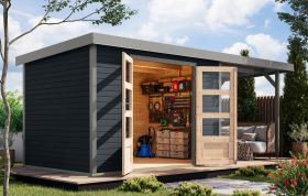 Holz Gartenhaus Anbaudach aus Holz, Fichte anthrazit / Trapezblechdach graualuminium,, robust und wartungsarm, Doppelflügeltür, 2,98 × 2,13 m